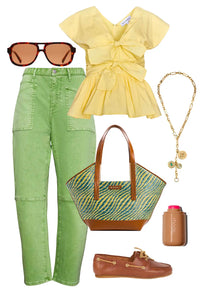 The Everly Top in Lemon Meringue styled with the Mallory Pants in Leaf Green Denim.