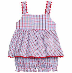 Little English traditional children's clothing.  Patriotic red and blue plaid two-piece set for baby girls.  Tank top with red ricrac trim and matching ruffled bloomers.  4th of July outfit for baby girls
