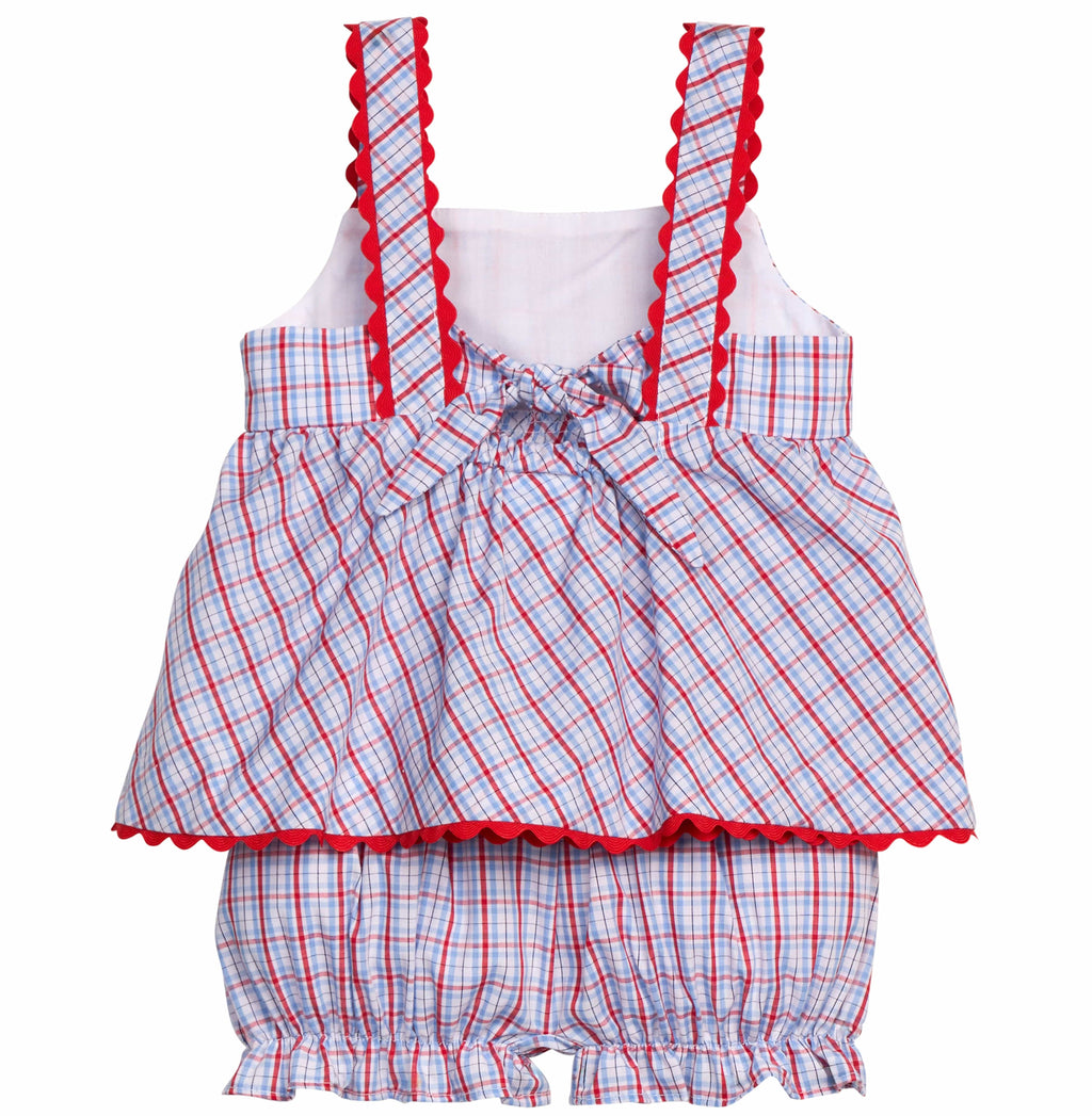 Little English traditional children's clothing.  Patriotic red and blue plaid two-piece set for baby girls.  Tank top with red ricrac trim and matching ruffled bloomers.  4th of July outfit for baby girls