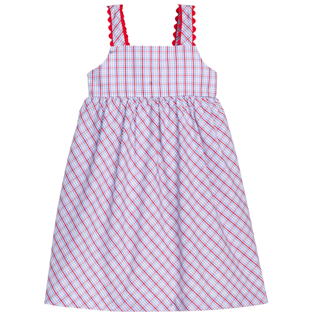 Little English traditional children's clothing.  Patriotic red and blue plaid dress for little girls.  Fourth of July outfit for little girls