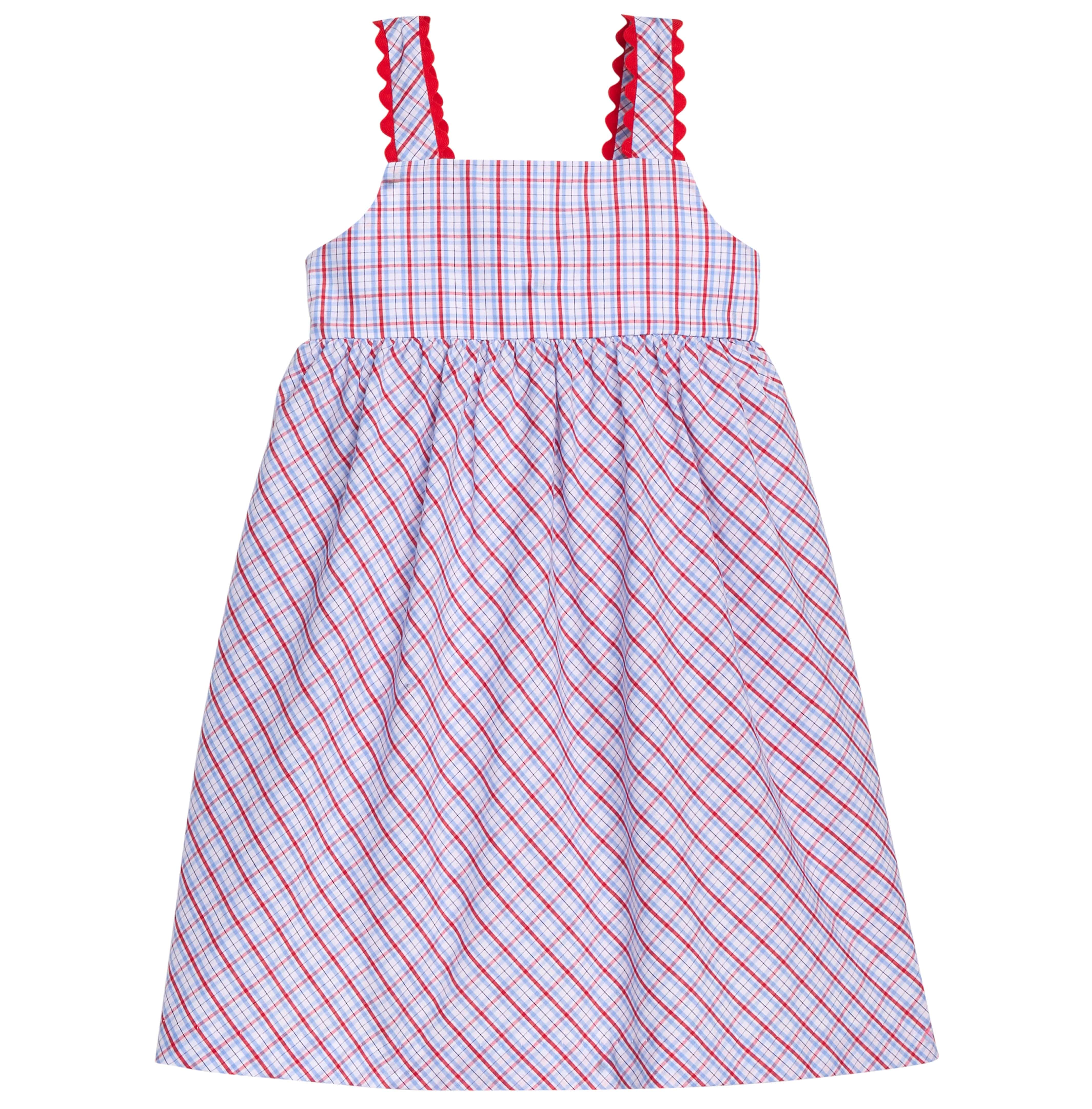 Little English traditional children's clothing.  Patriotic red and blue plaid dress for little girls.  Fourth of July outfit for little girls
