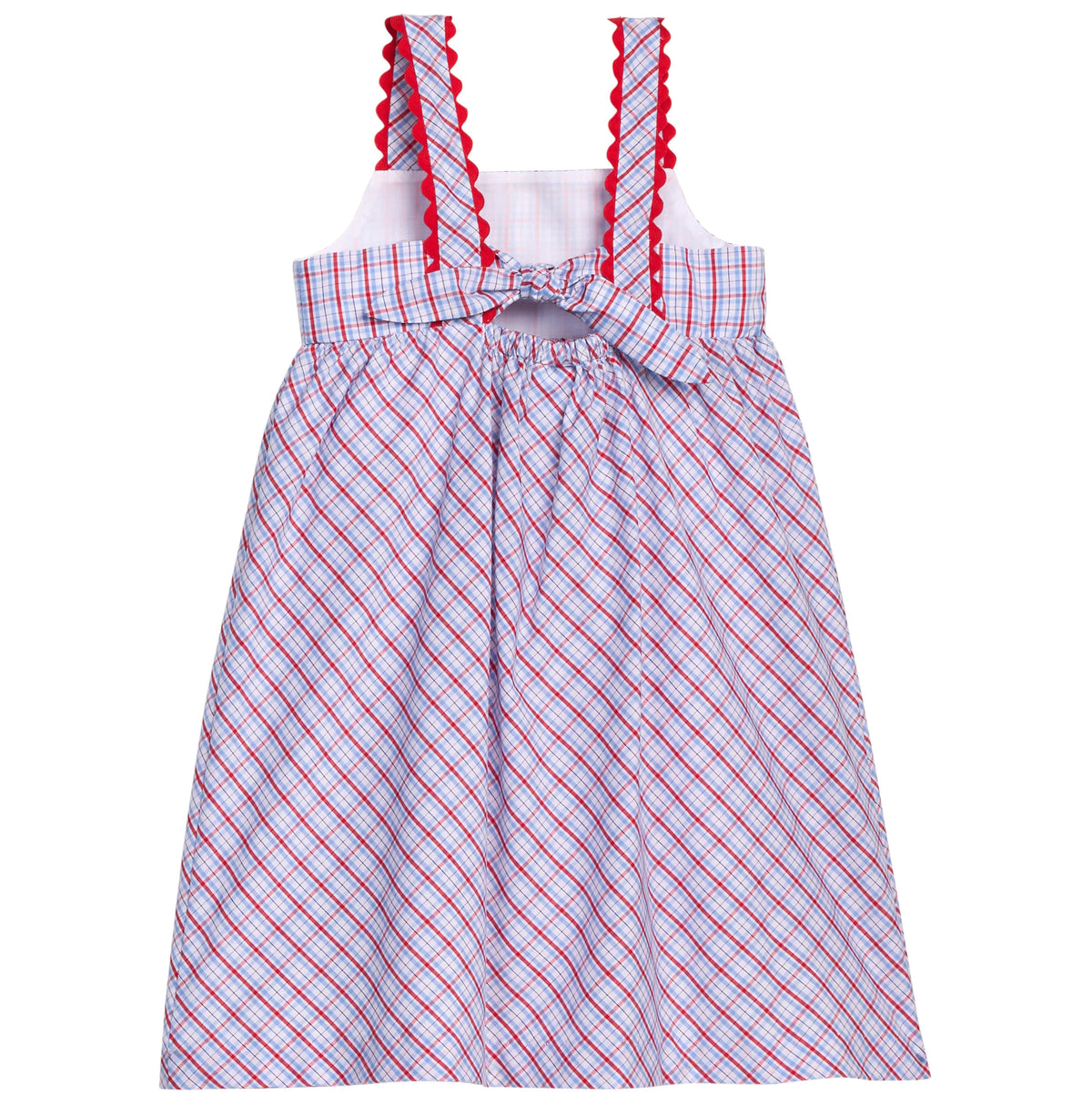 Little English traditional children's clothing.  Patriotic red and blue plaid dress for little girls.  Fourth of July outfit for little girls