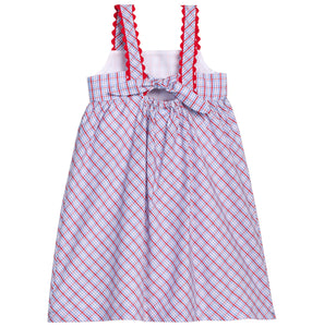 Little English traditional children's clothing.  Patriotic red and blue plaid dress for little girls.  Fourth of July outfit for little girls
