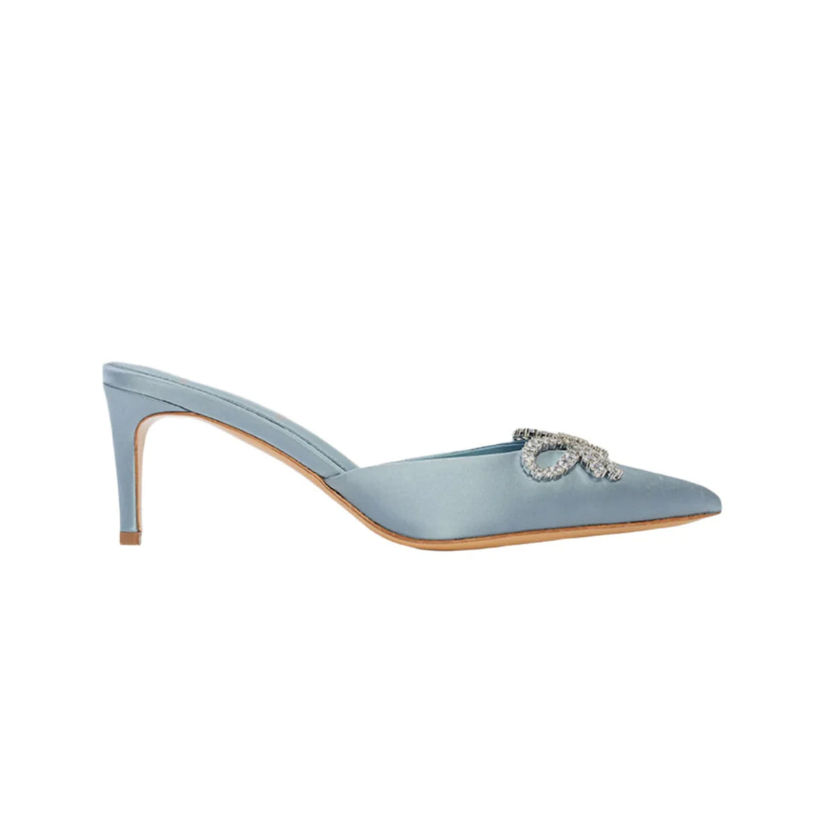 Side view of Extra 65 in Ashley Blue Satin mule showcasing crystal embellished bow and stiletto heel on white background