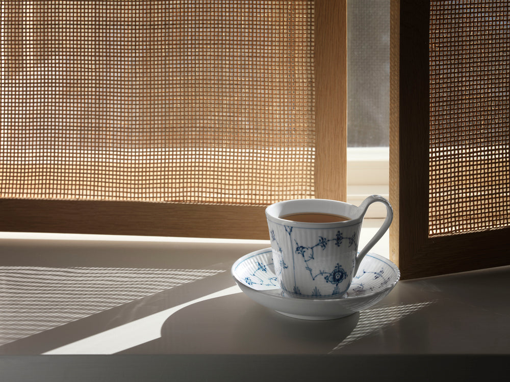 Blue Fluted Plain High Handle Cup & Saucer 8.5Oz