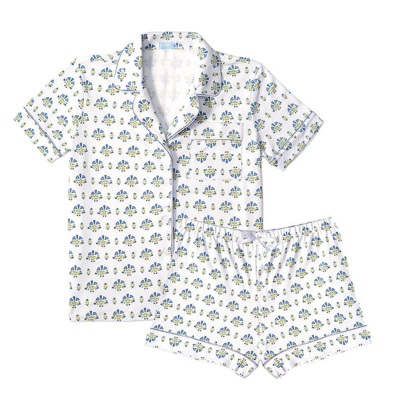 Women's Lyre Flower Block Button Front Short Pajama Set in Green