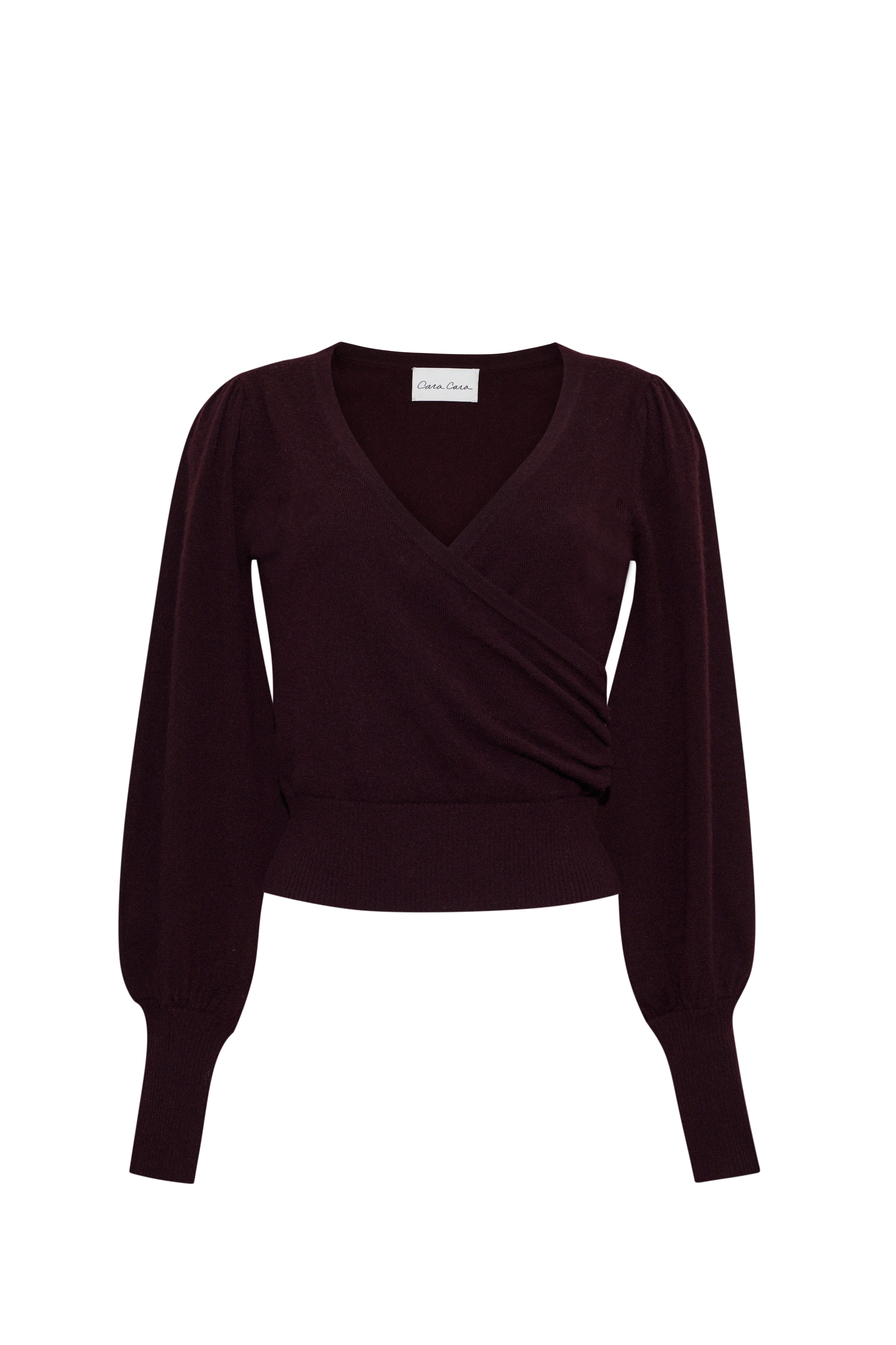 Front view of Ezra Top in Merlot showcasing ballet wrap silhouette, lantern sleeves, and high rib cuffs with white background