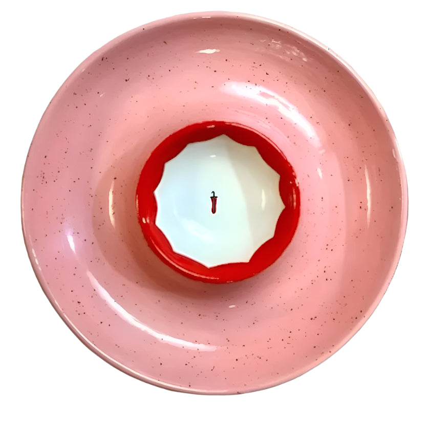 Top-down view of Hand-painted Picante Platter with pink speckled rim and white inner bowl with red rim and chili motif
