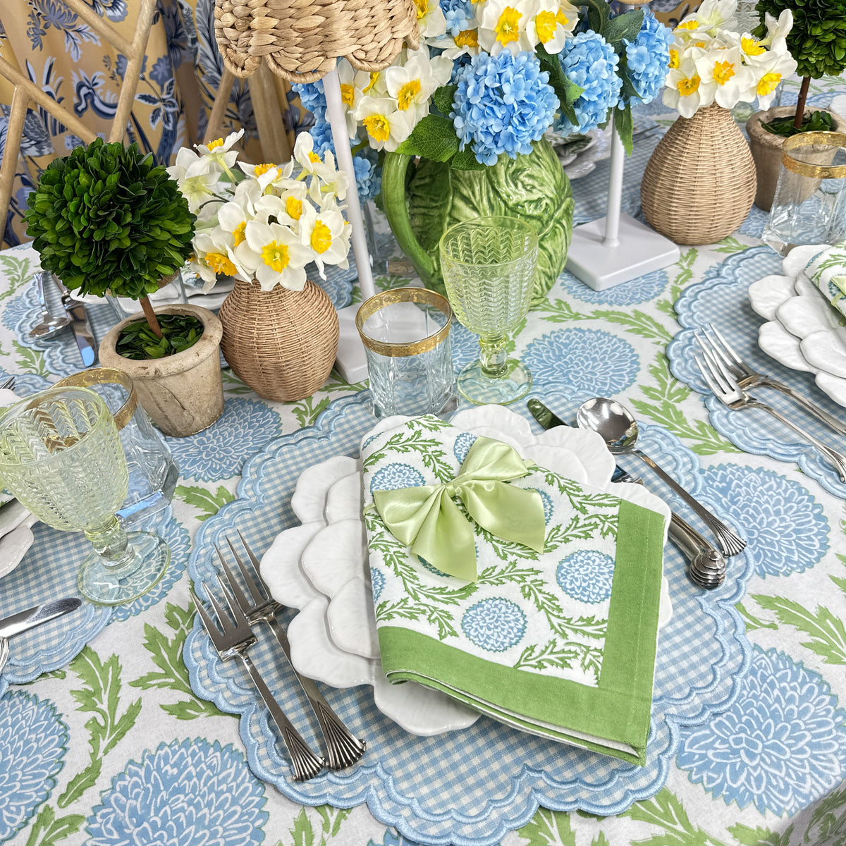 Blue gingham luxury placemat and blue and green block print napkins