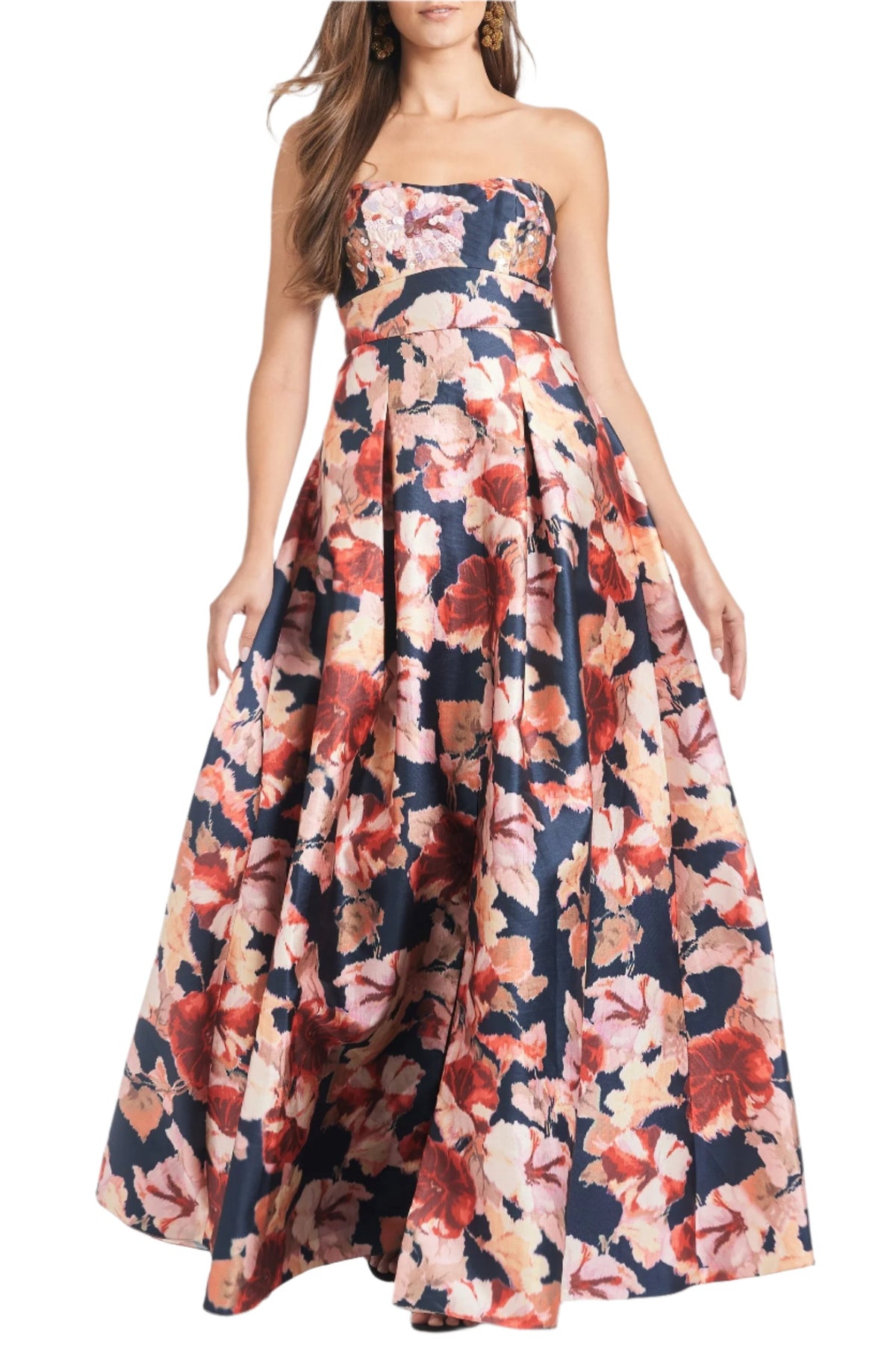 Front view of Embellished Giovanna Gown in Bedford Bouquet with sequin neckline and ikat floral print on white