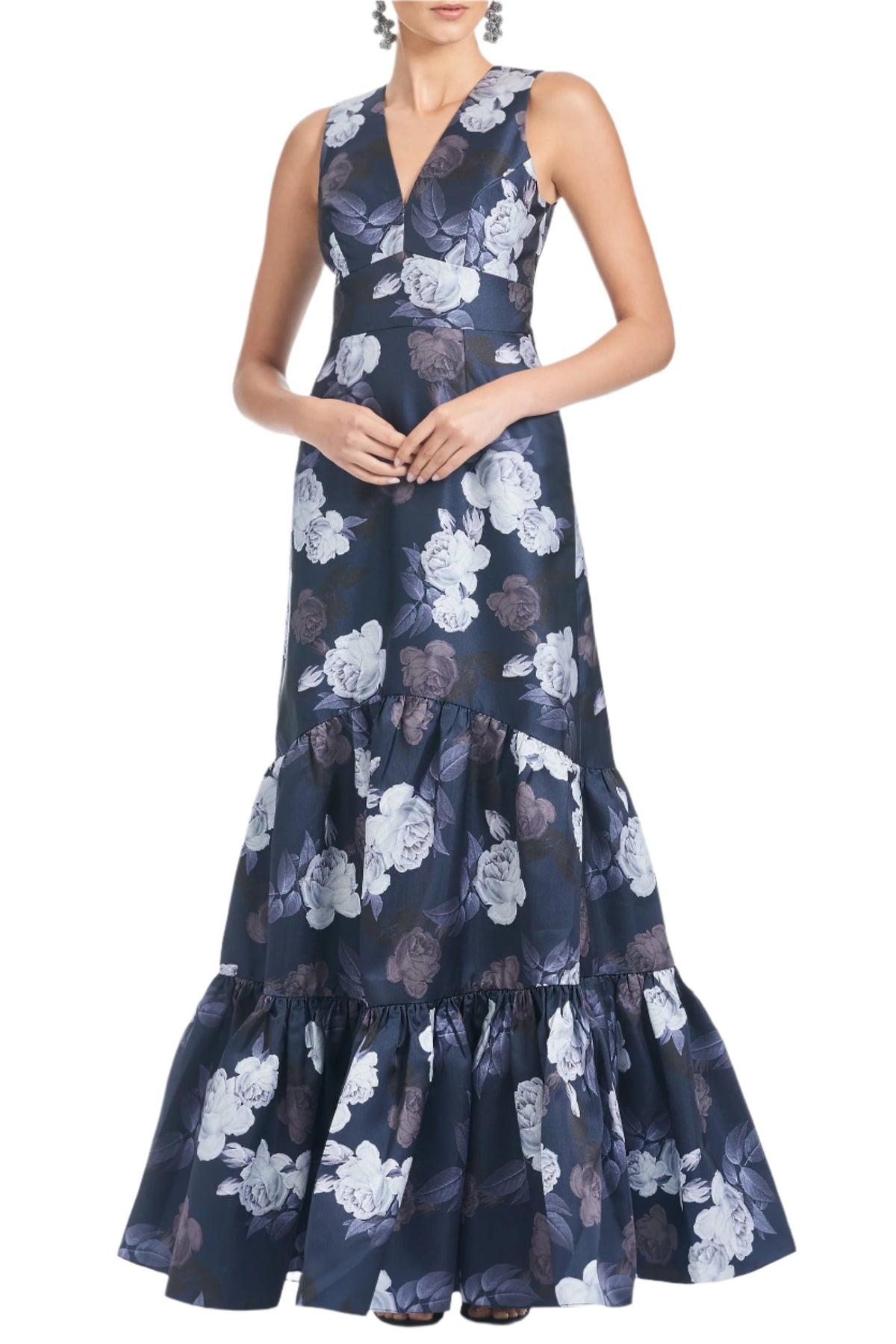 Front view of Rori Maxi Dress in Midnight Glacial Rose with deep V neckline and tiered floral pattern on white backdrop