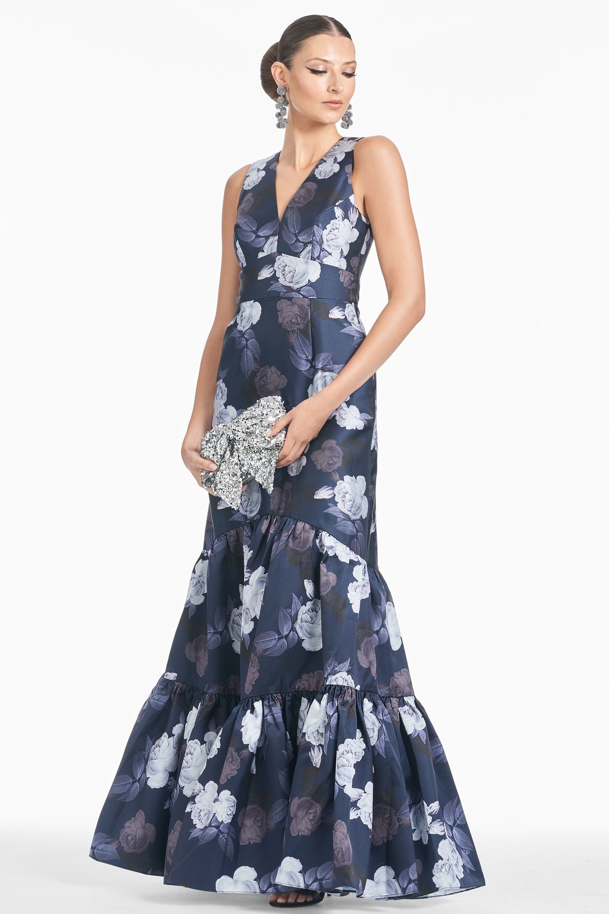 Front view of Rori Maxi Dress in Midnight Glacial Rose showcasing deep V neckline and tiered dark and ivory toile skirt