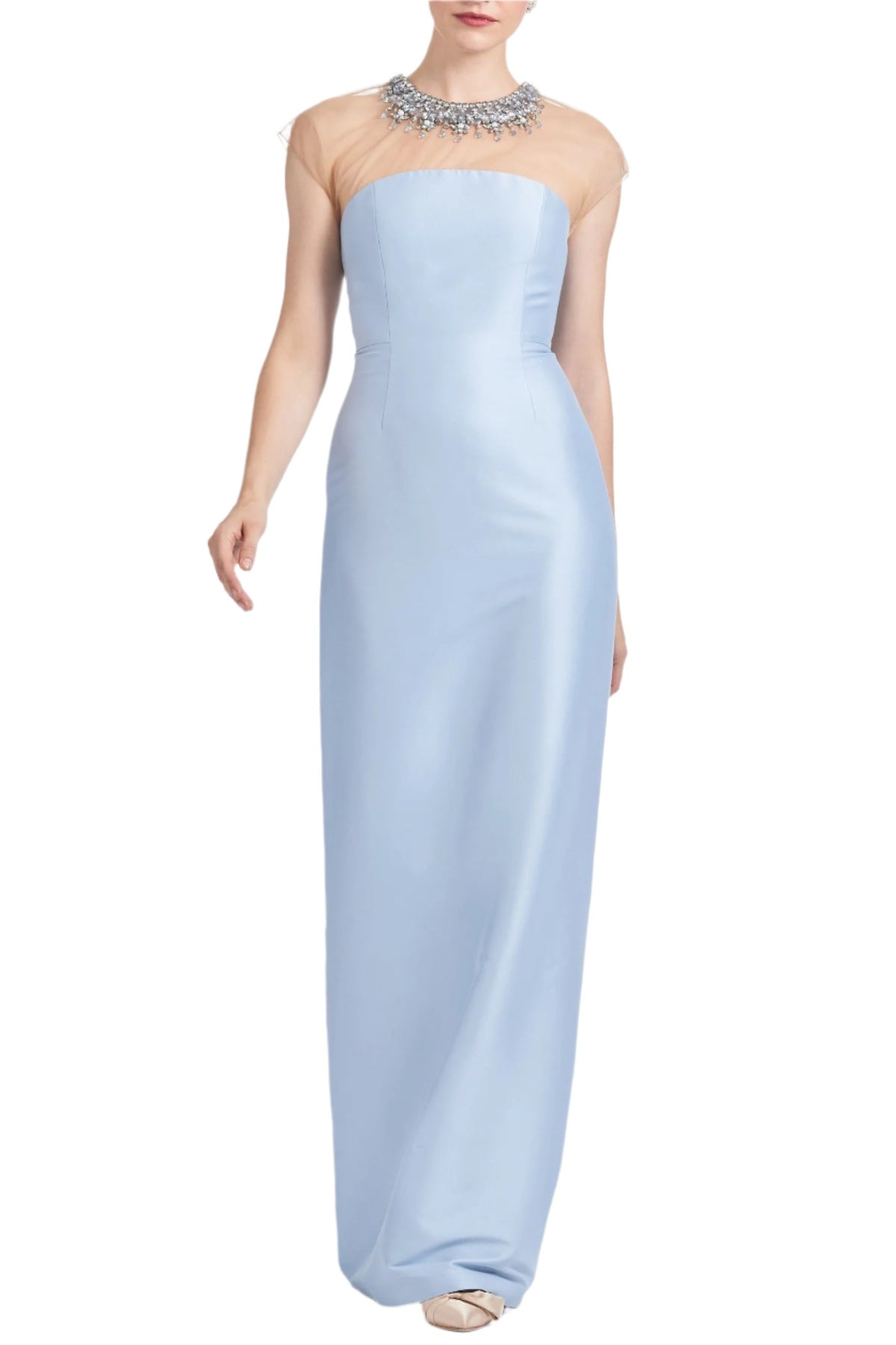Front view of Irina Gown in Glacial Blue showcasing its beaded illusion neckline and column silhouette with a white background
