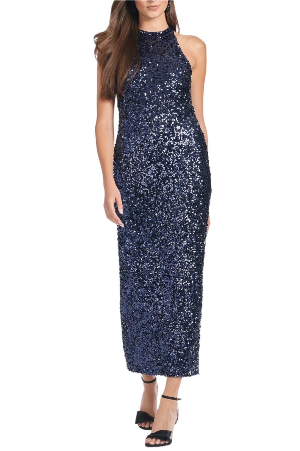 Front view of Meera Dress in Night Sky showcasing its halter neckline and all-over stretch sequins on a white background