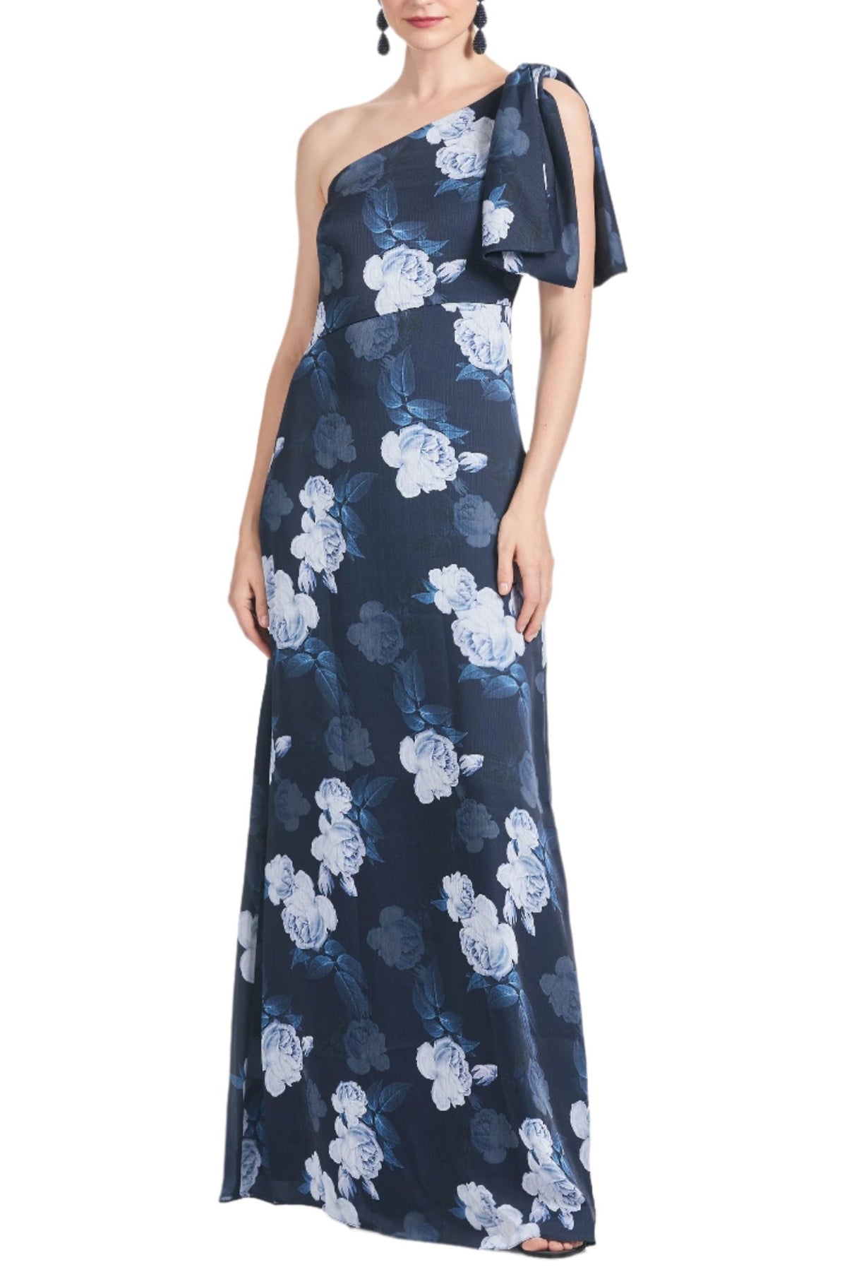 Front view of Chelsea Gown in Midnight Glacial Rose showcasing its column silhouette, shoulder bow, and floral print on white