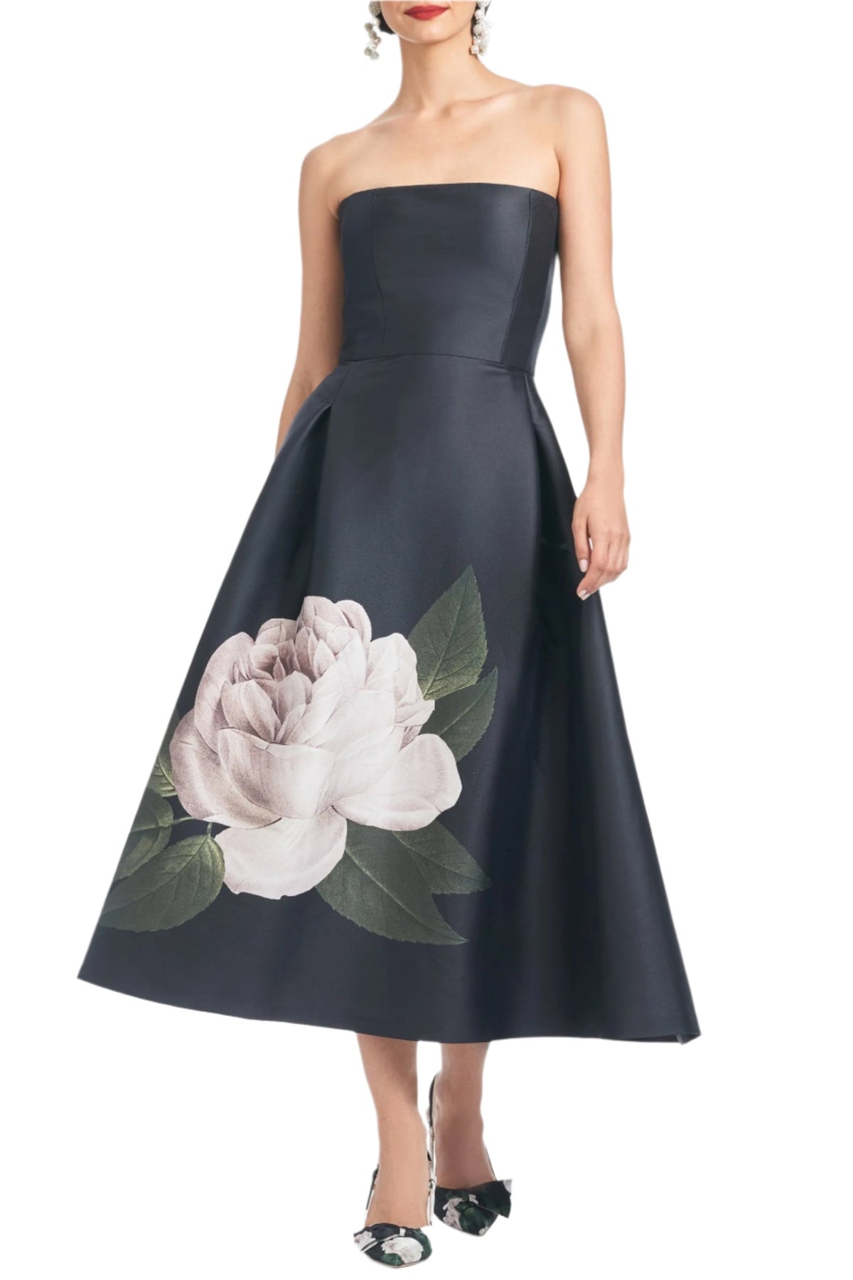 Front view of Shay Dress in Blooming Rose showcasing its strapless fitted bodice and floral A-line skirt on a white background