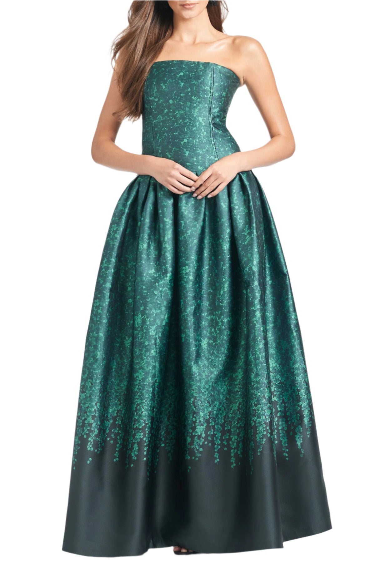 Front view of Georgina Gown in Emerald Wisteria showcasing a strapless bodice and pleated drop waist on a white background