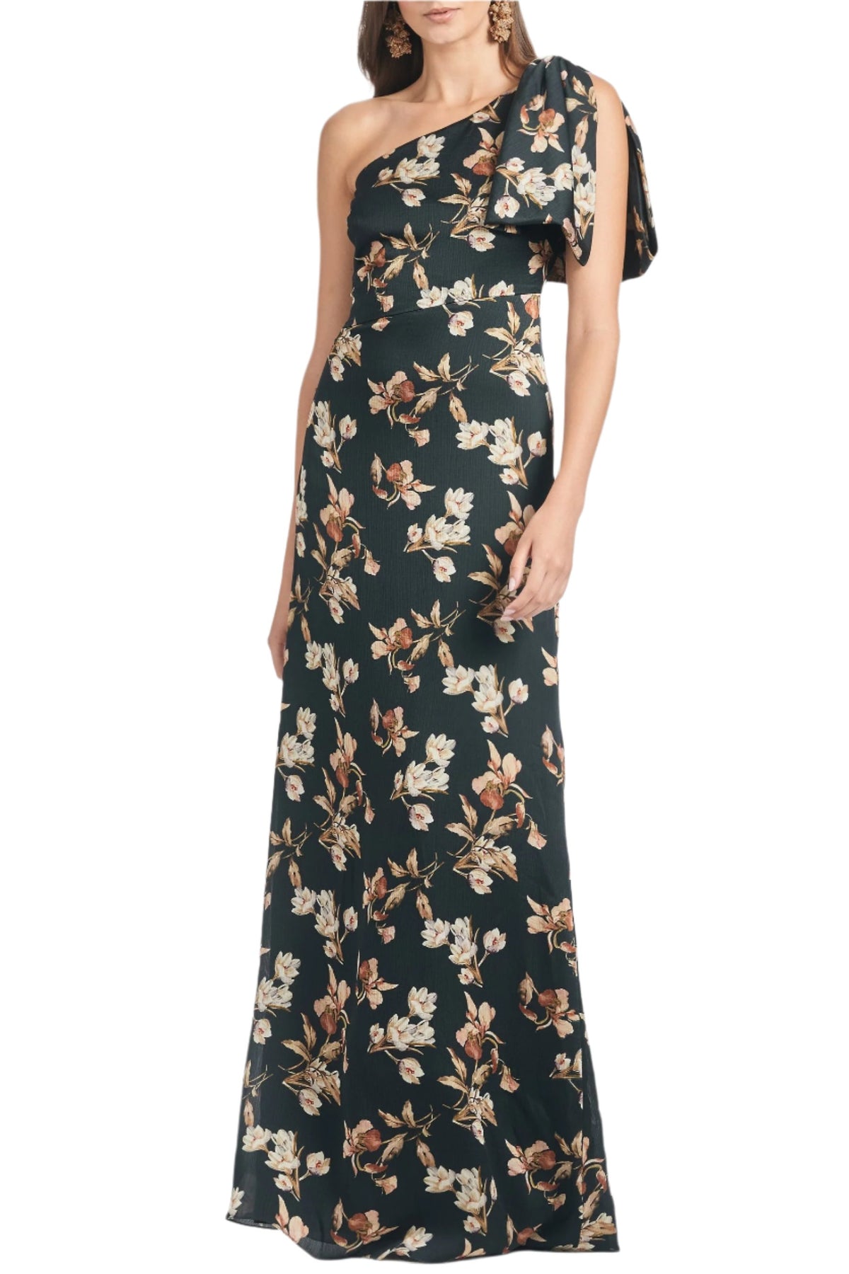 Front view of Chelsea Gown in Black Venetia Petal showcasing its floral print and shoulder bow with a white background