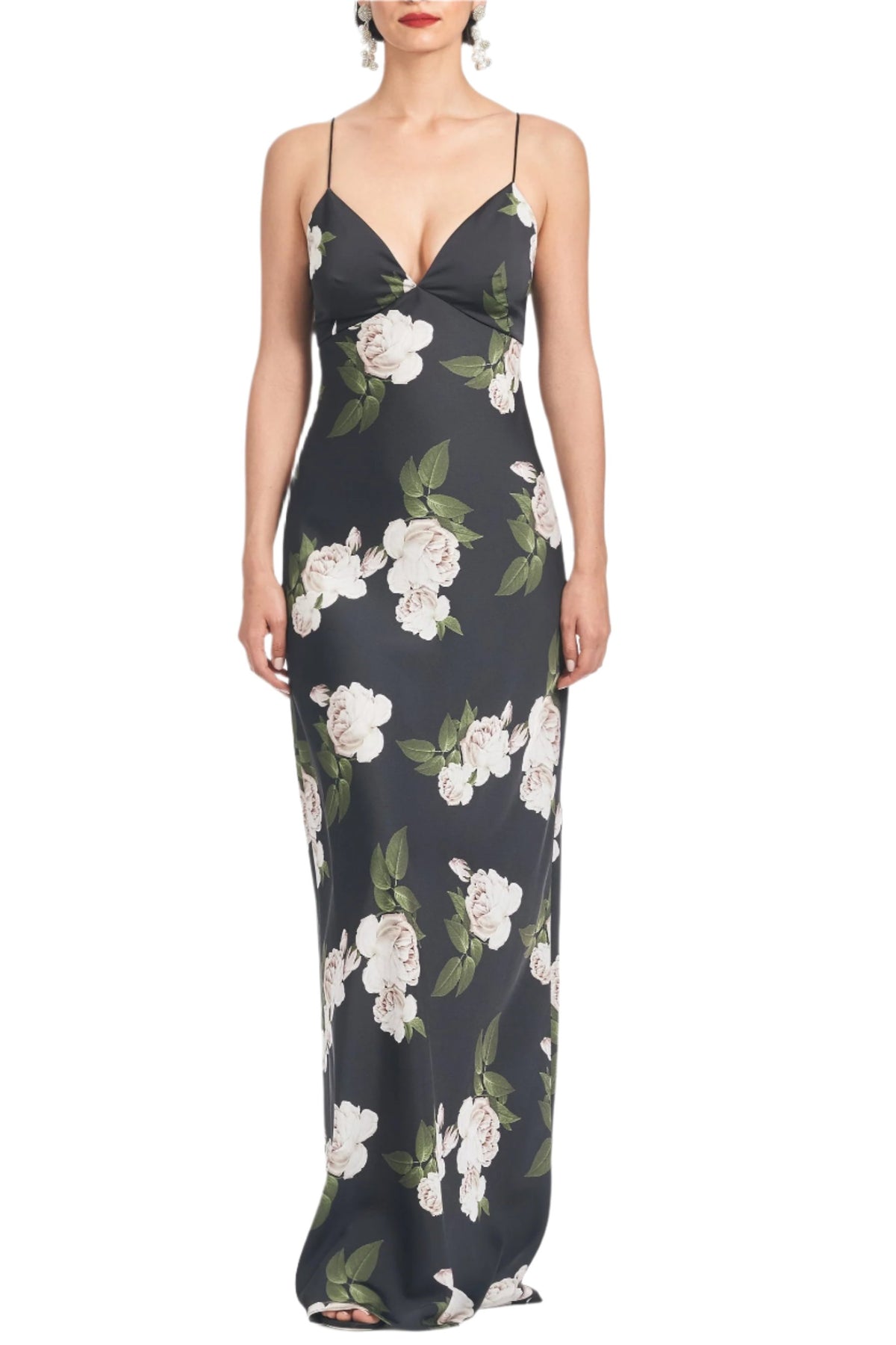 Front view of Alta Gown in Obsidian Blooms showcasing floral print, spaghetti straps, and slim fit with a white background