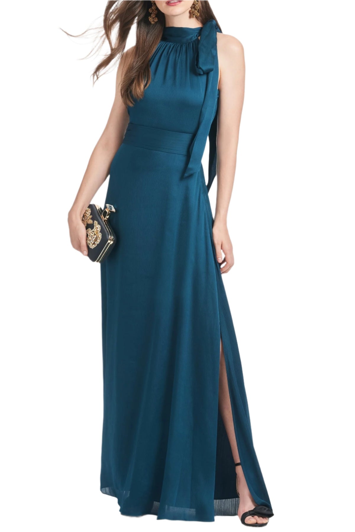 Front view of Kayla Gown in Bottle Green showcasing self-tie neckline and pleated waistband on a model