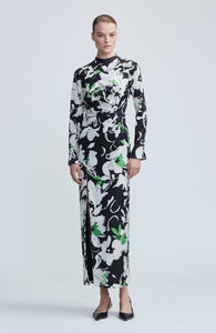 Floral Satin Crepe Long Sleeve Draped Sheath Dress