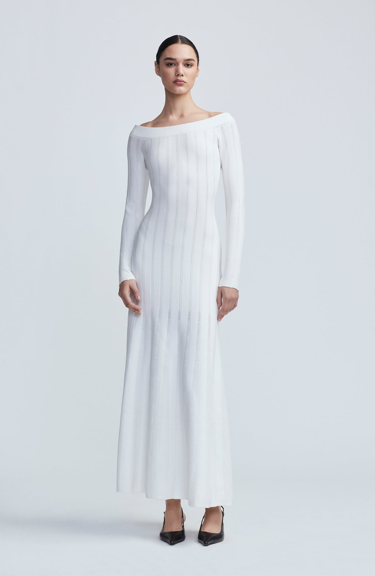 Pointelle Knit Godet Dress in Ivory