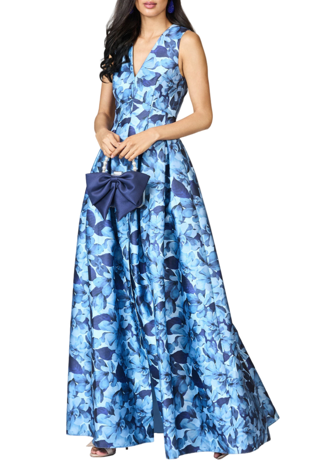 Front view of Brooke Gown in Frosted Magnolias showcasing V-neck, fitted waist, box-pleated skirt, front slit