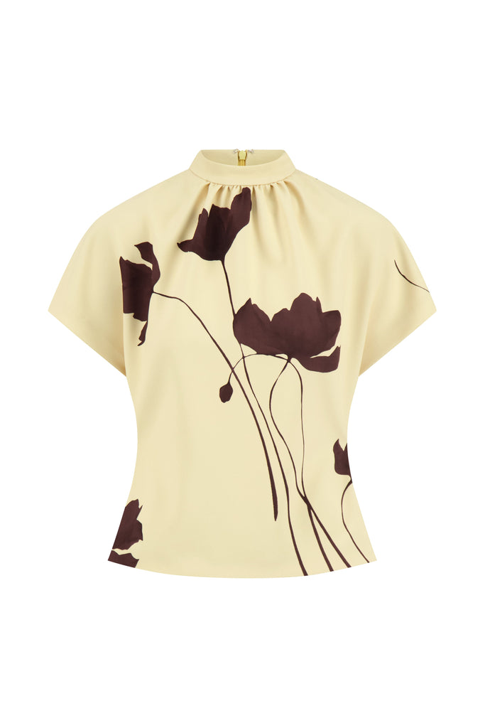 Floral Printed Crepe Mock Neck Short Sleeve Top in Sunlight & Cocoa