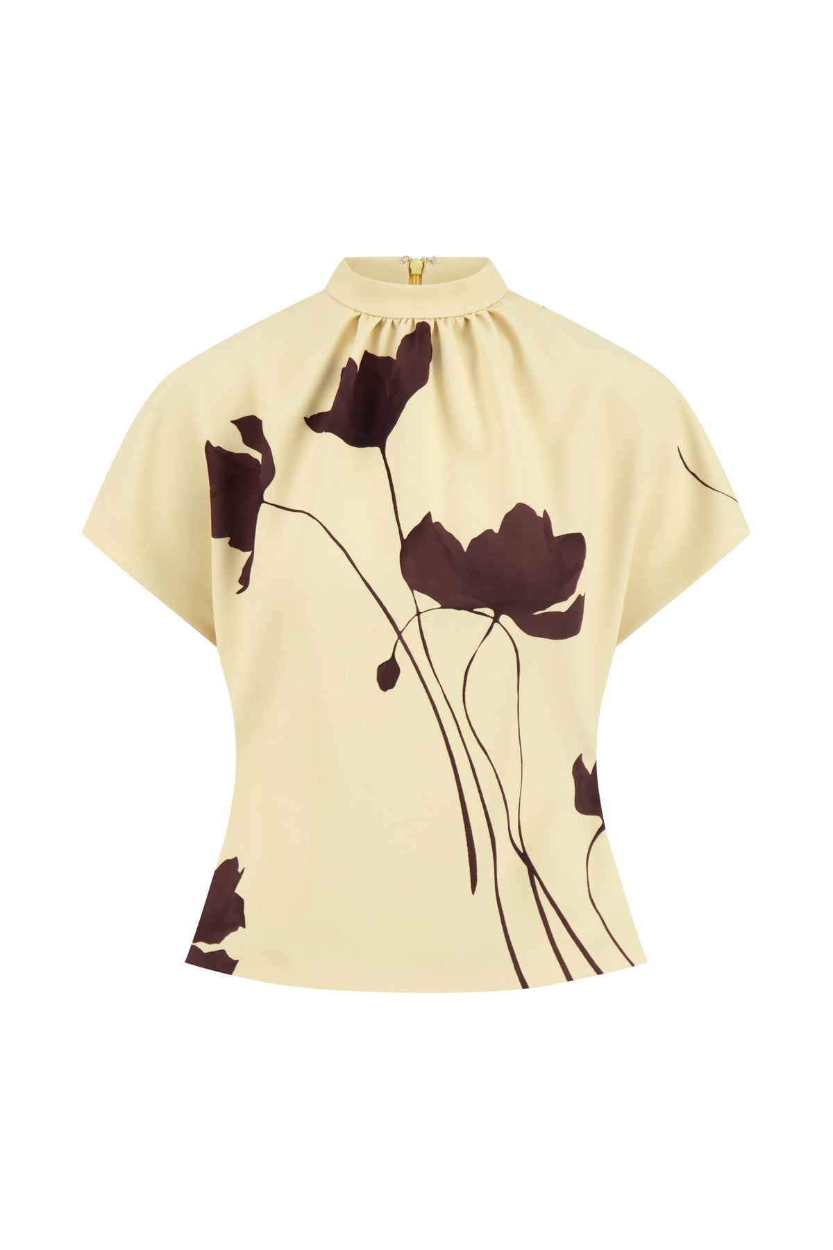 Floral Printed Crepe Mock Neck Short Sleeve Top in Sunlight & Cocoa