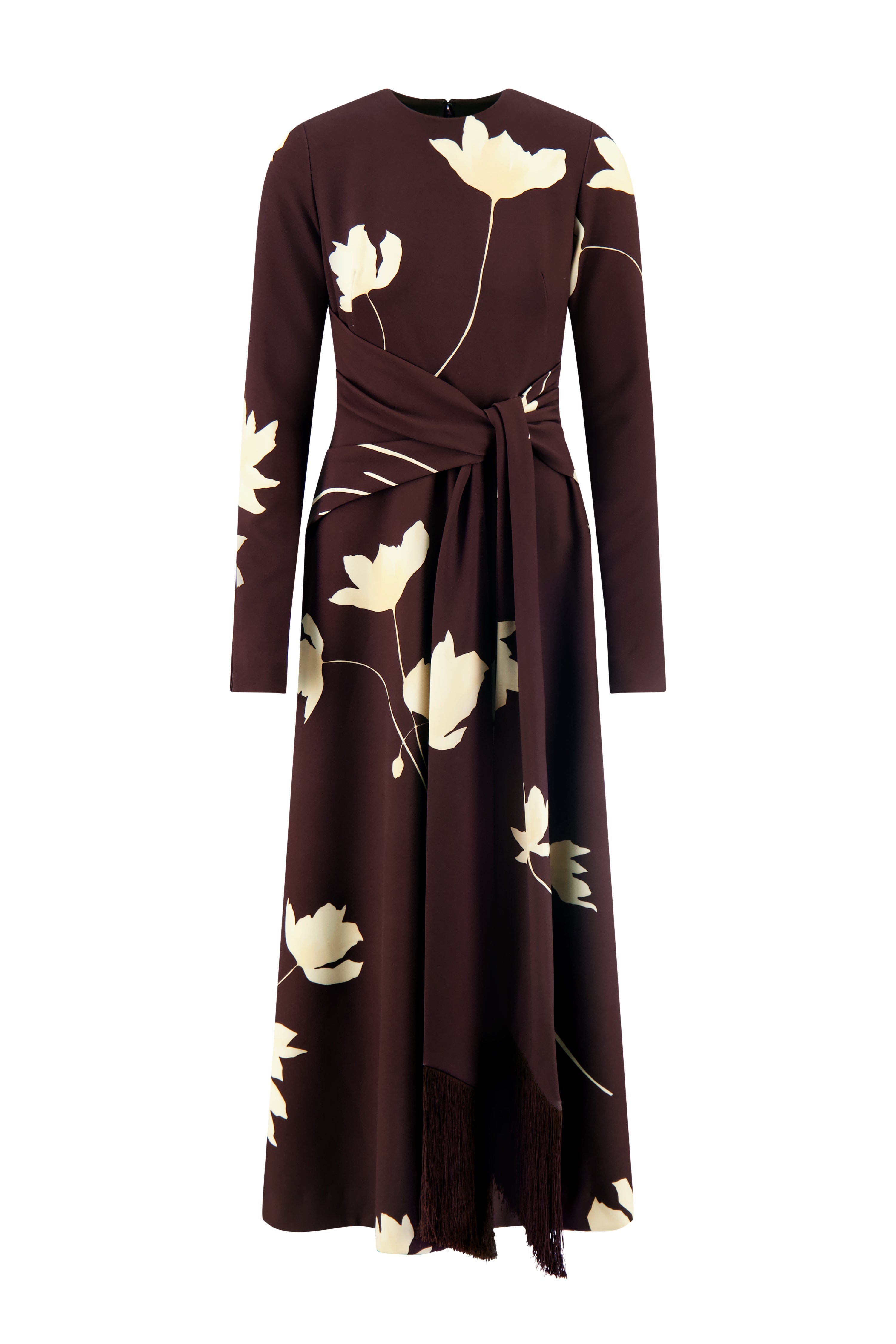 Floral Printed Crepe Long Sleeve Tie Waist Dress in Cocoa & Sunlight