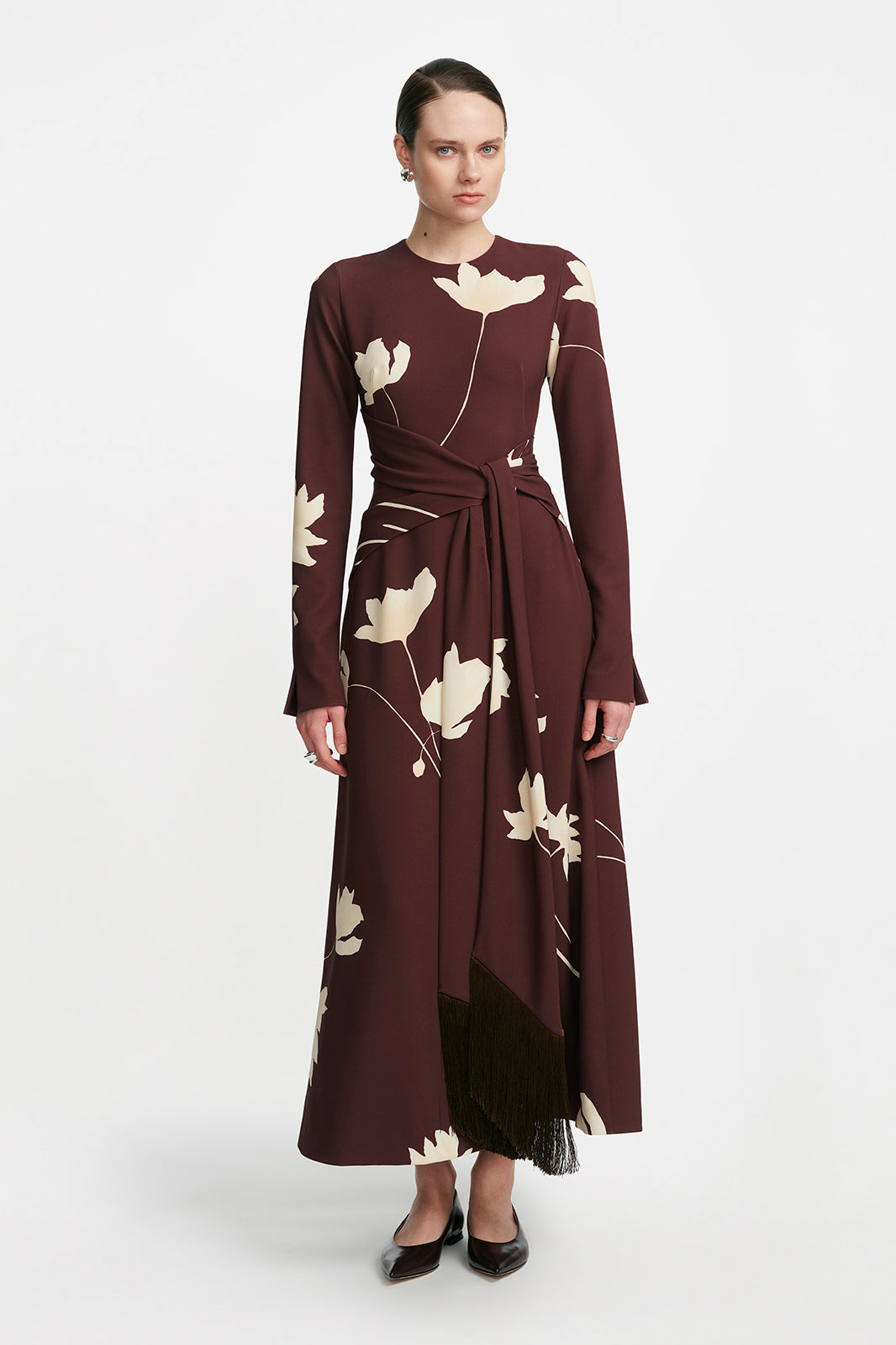 Floral Printed Crepe Long Sleeve Tie Waist Dress in Cocoa & Sunlight