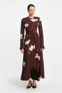 Floral Printed Crepe Long Sleeve Tie Waist Dress in Cocoa & Sunlight