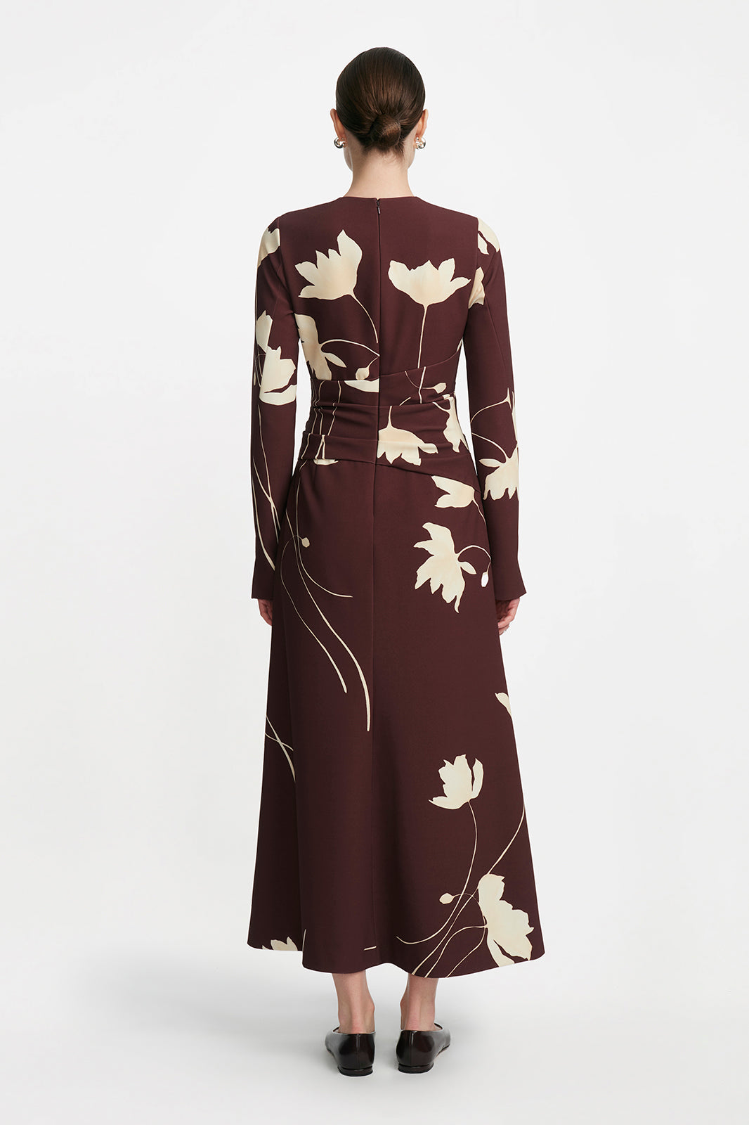 Floral Printed Crepe Long Sleeve Tie Waist Dress in Cocoa & Sunlight