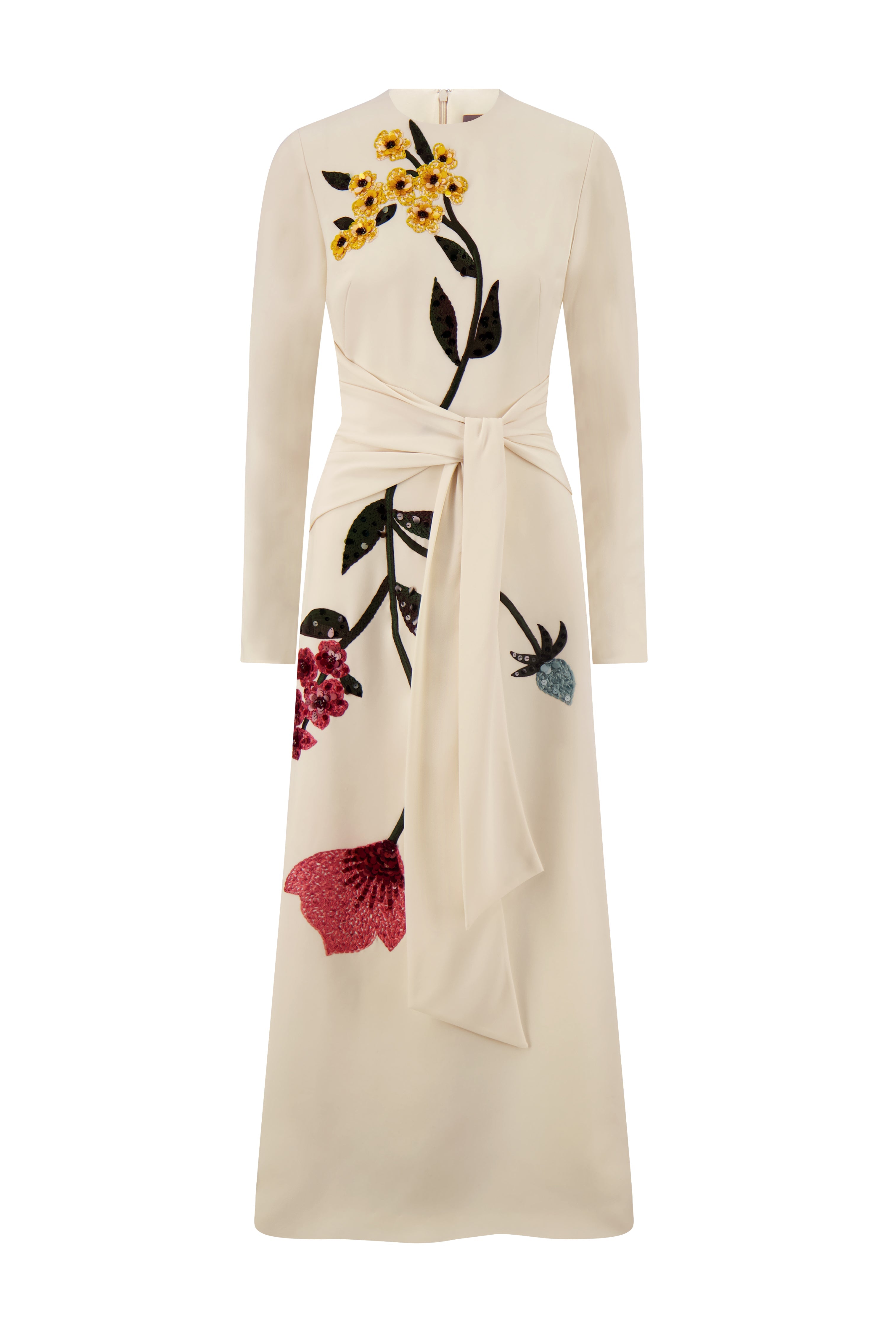 Floral Embroidery Long Sleeve Tie Waist Dress in Cream