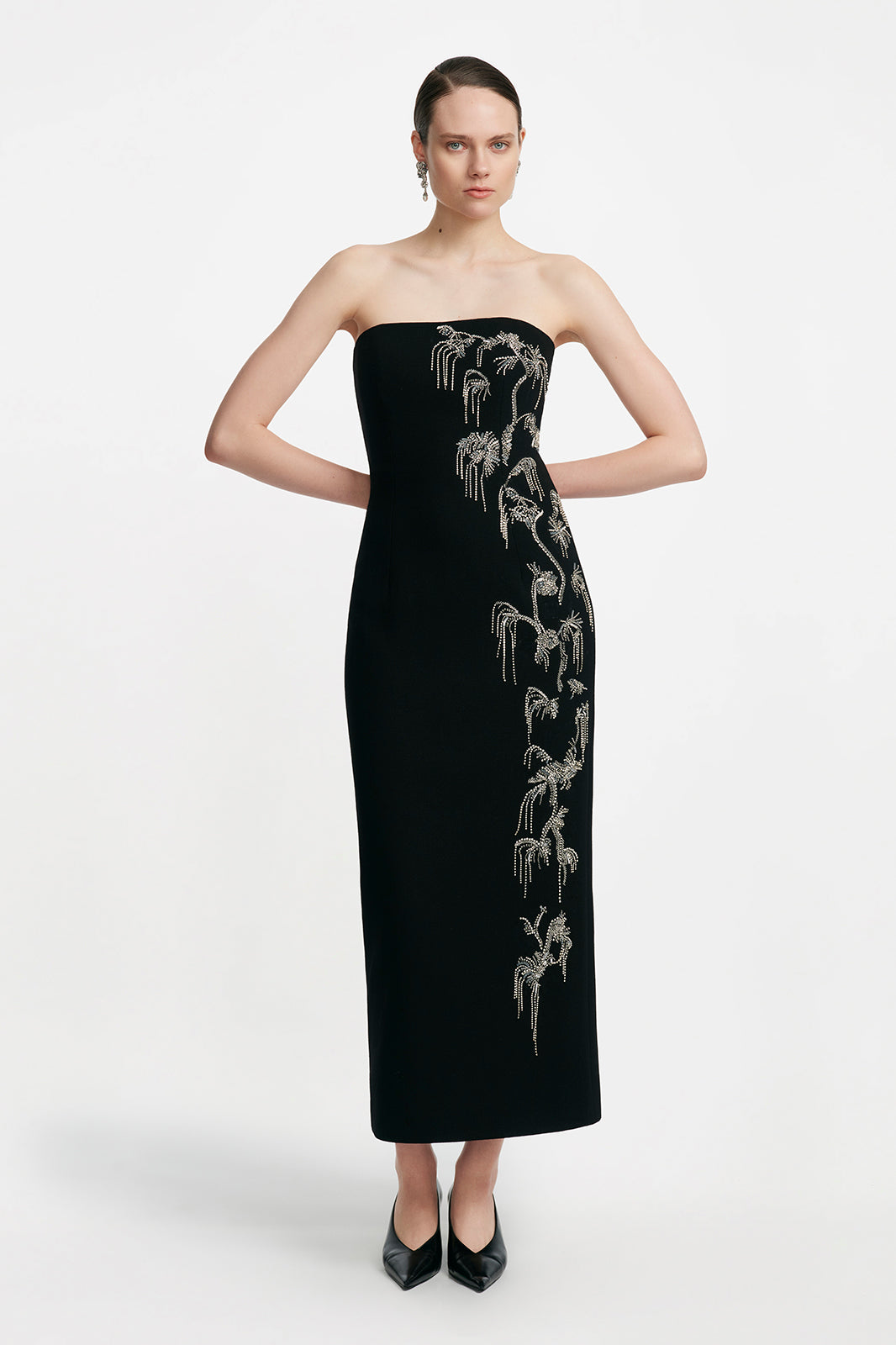 Crystal Embroidery Strapless Sheath in Black
