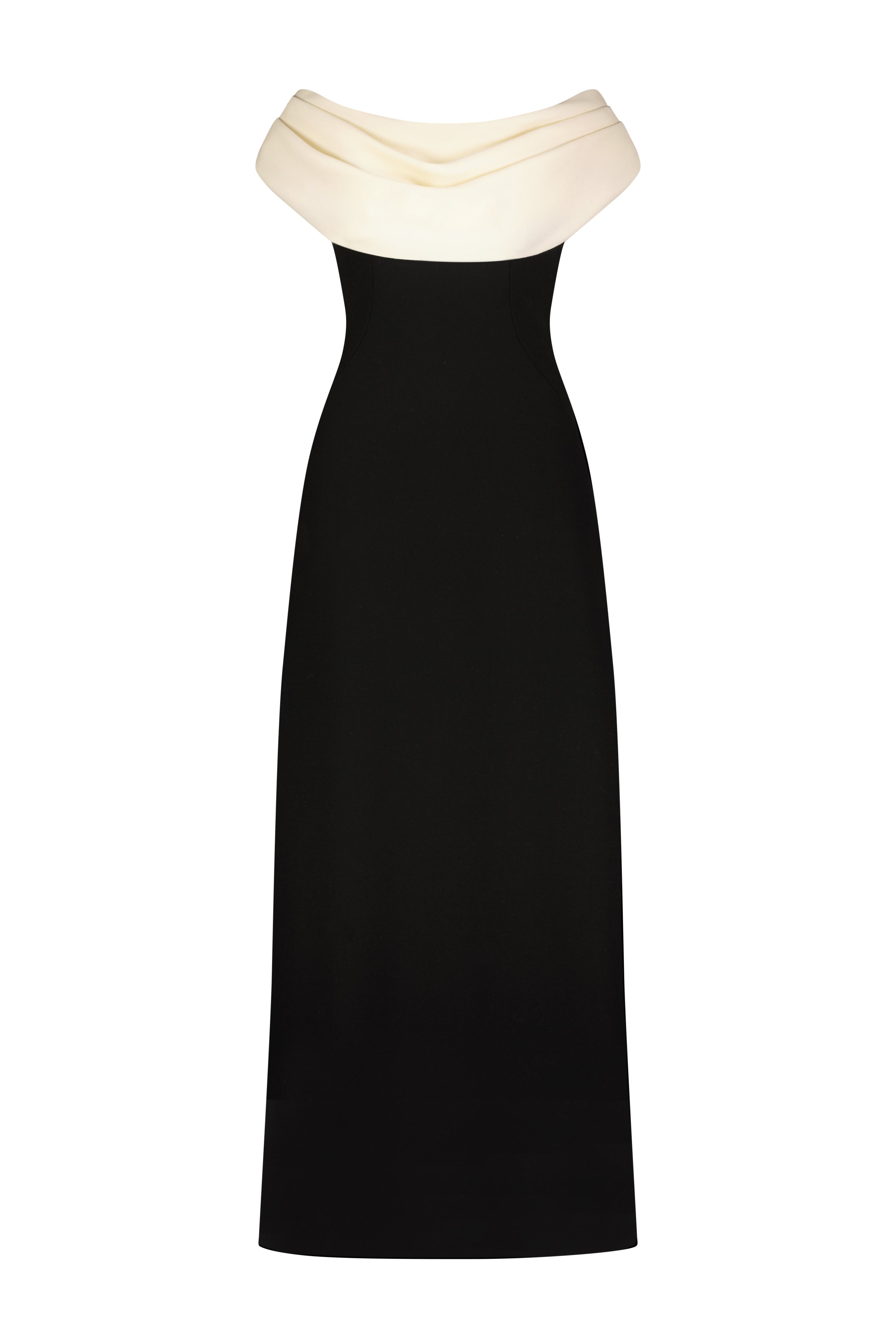Wool Crepe Cowl Neck Gown in Black & Cream