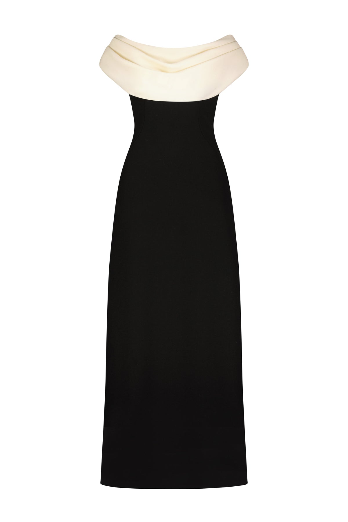 Wool Crepe Cowl Neck Gown in Black & Cream