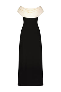 Wool Crepe Cowl Neck Gown in Black & Cream