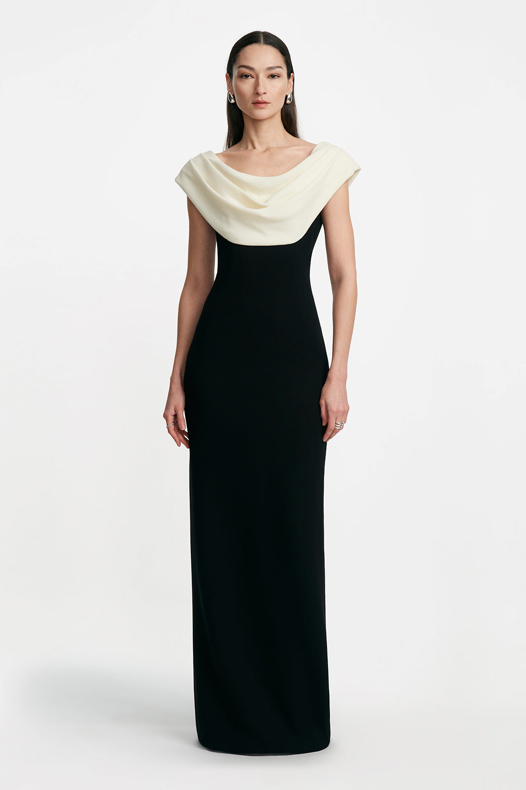 Wool Crepe Cowl Neck Gown in Black & Cream