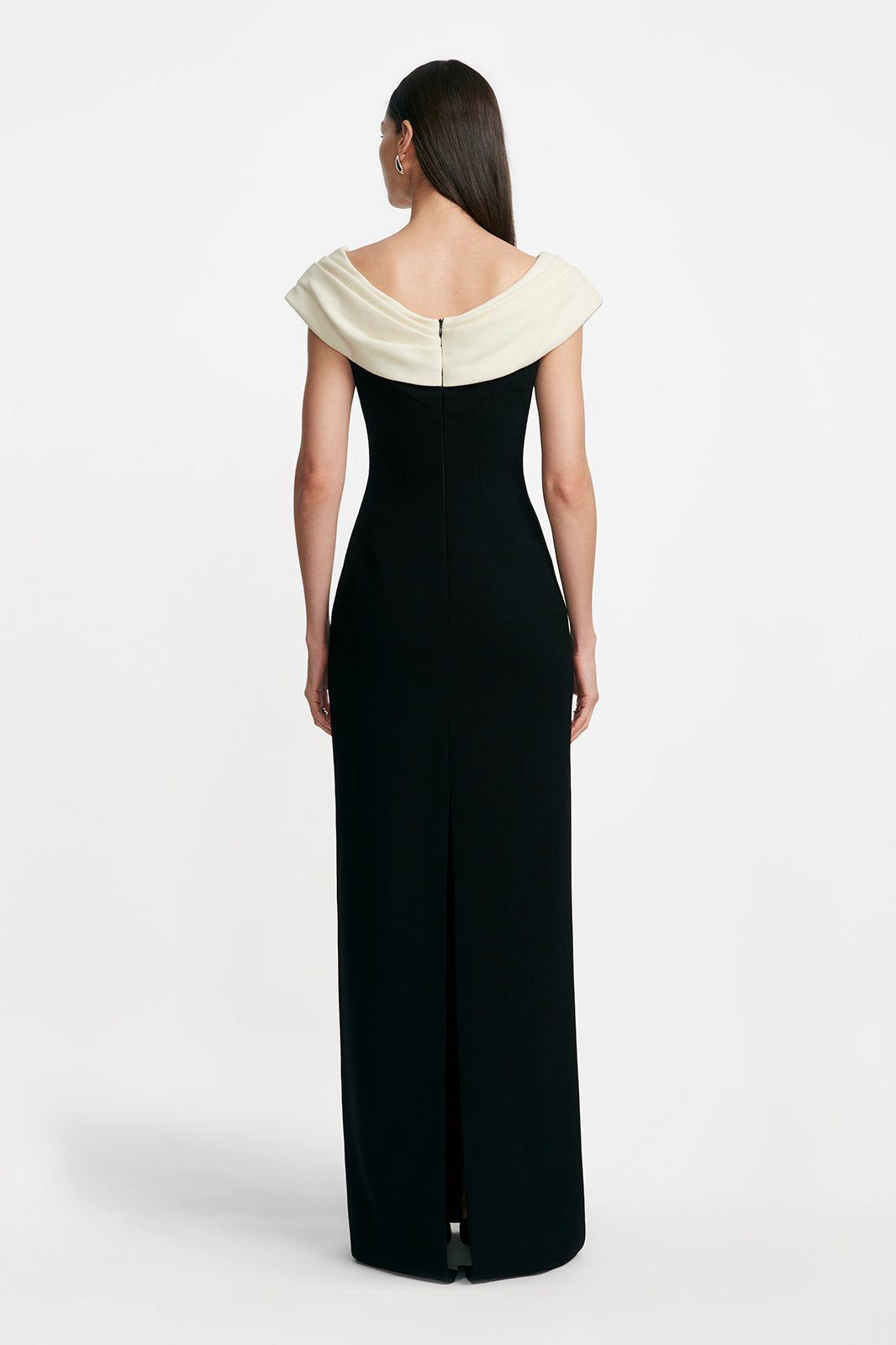Wool Crepe Cowl Neck Gown in Black & Cream
