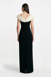 Wool Crepe Cowl Neck Gown in Black & Cream