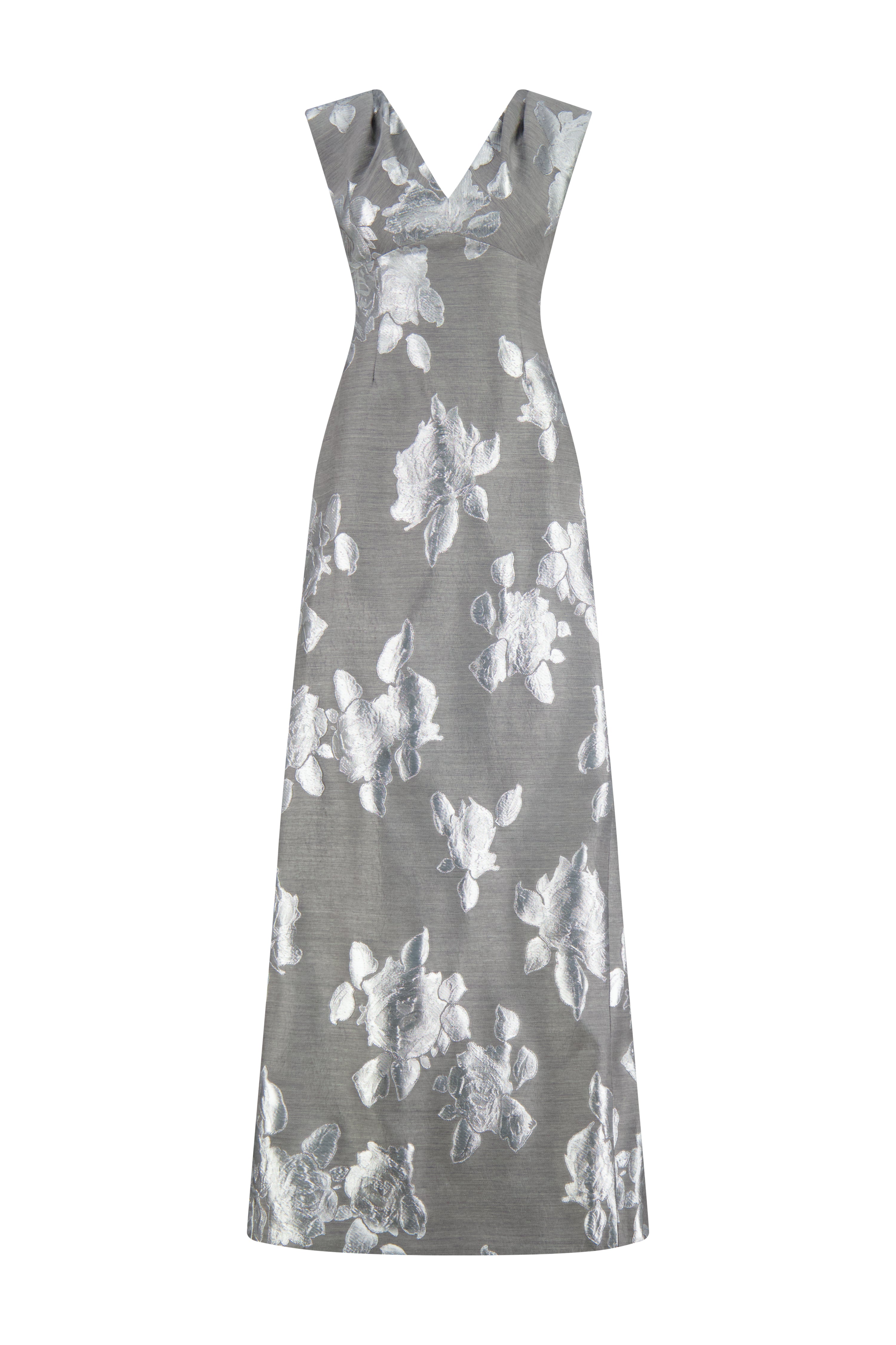 Floral Fil Coupe V-Neck Gown in Silver & Grey