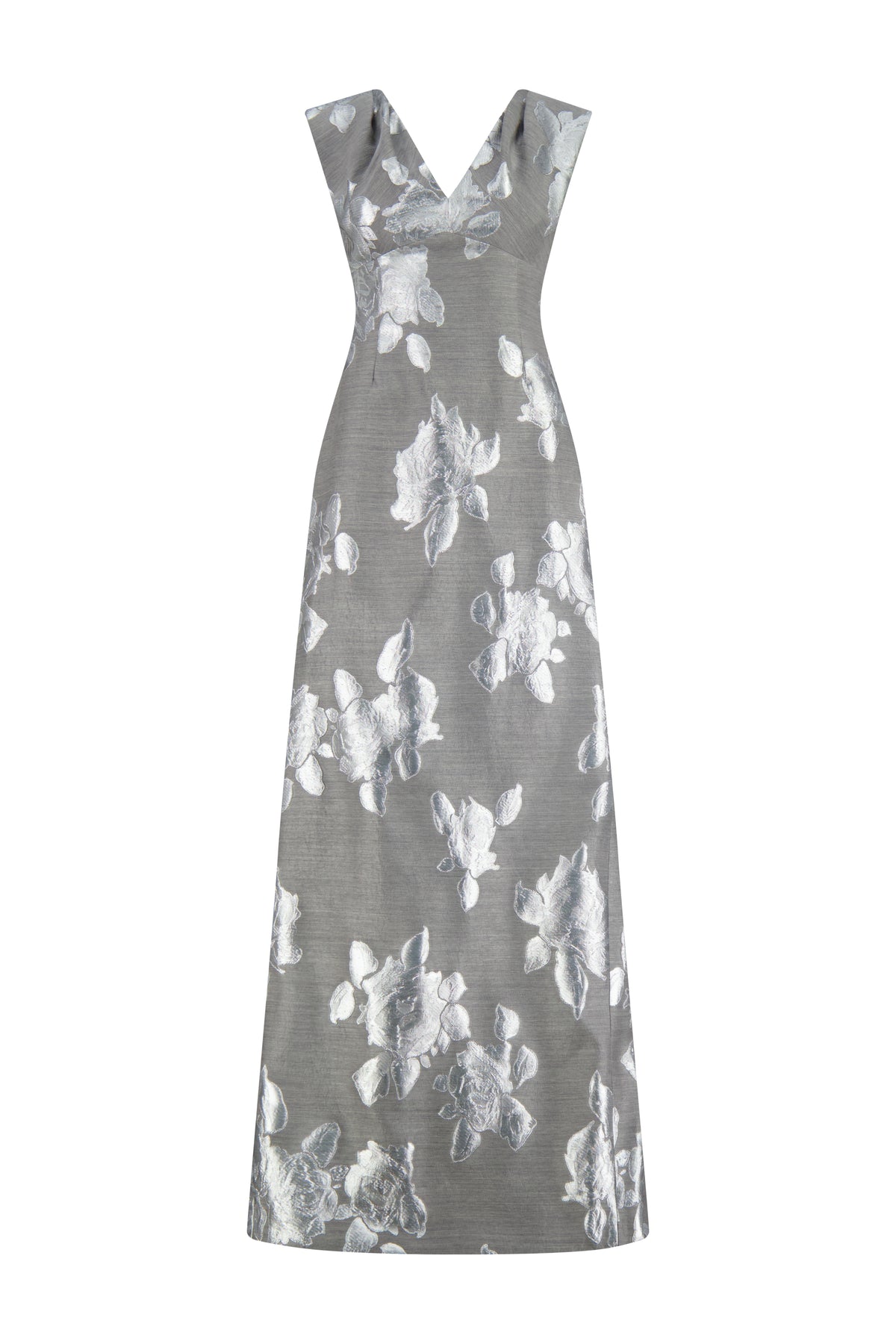 Floral Fil Coupe V-Neck Gown in Silver & Grey