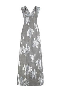 Floral Fil Coupe V-Neck Gown in Silver & Grey
