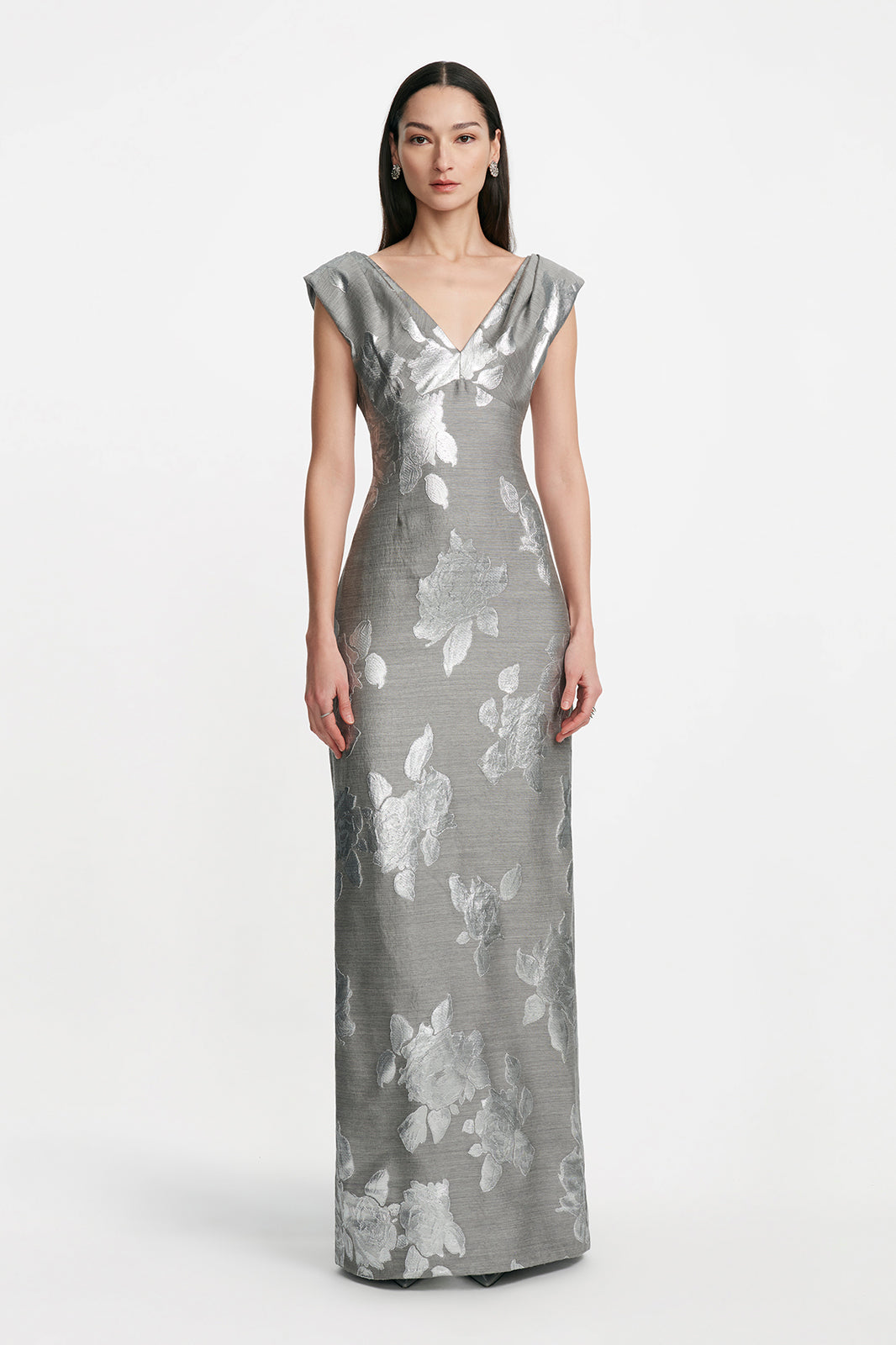 Floral Fil Coupe V-Neck Gown in Silver & Grey