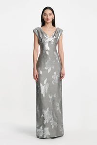 Floral Fil Coupe V-Neck Gown in Silver & Grey