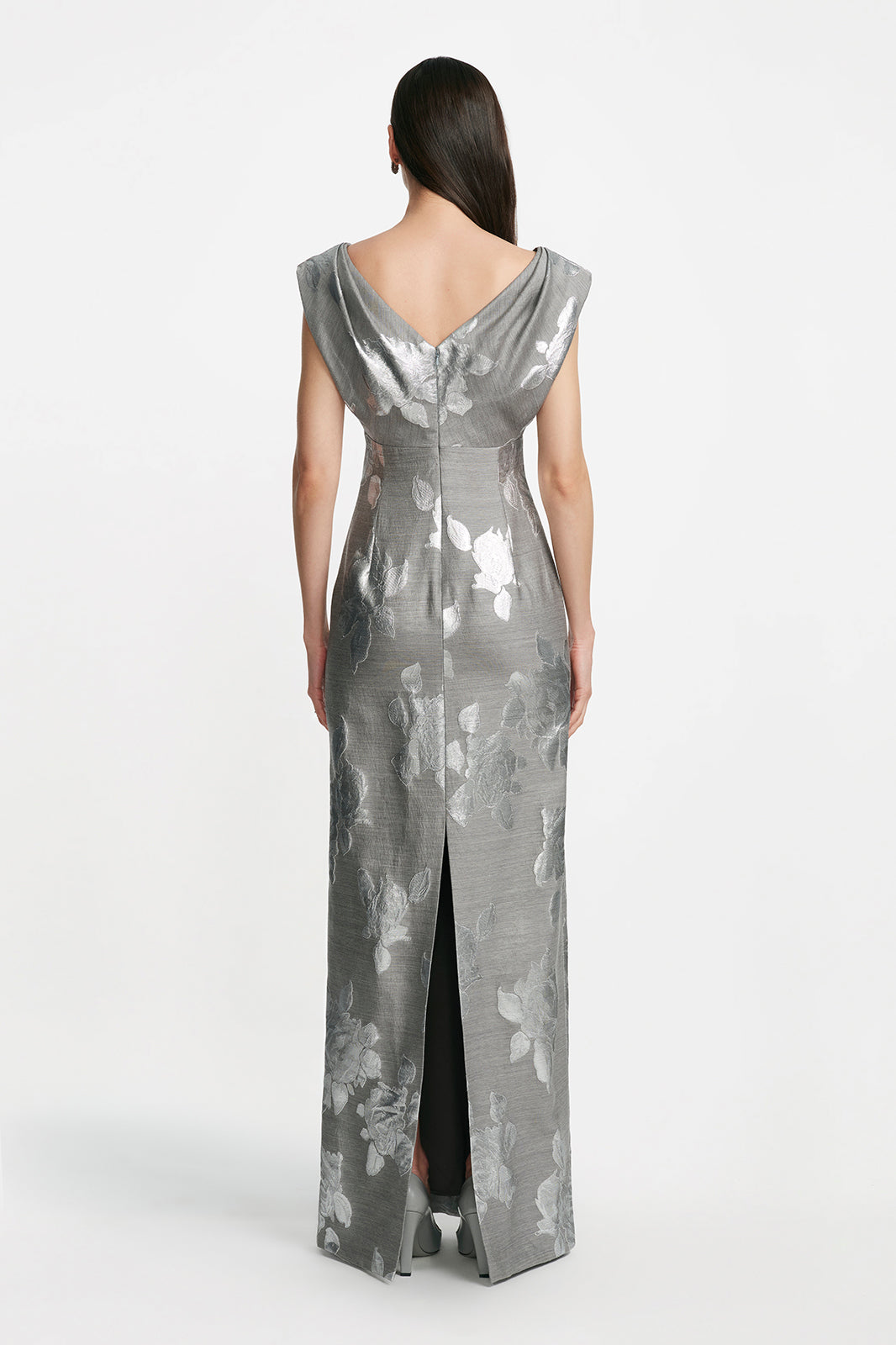 Floral Fil Coupe V-Neck Gown in Silver & Grey