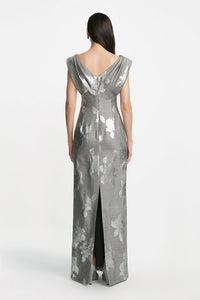 Floral Fil Coupe V-Neck Gown in Silver & Grey