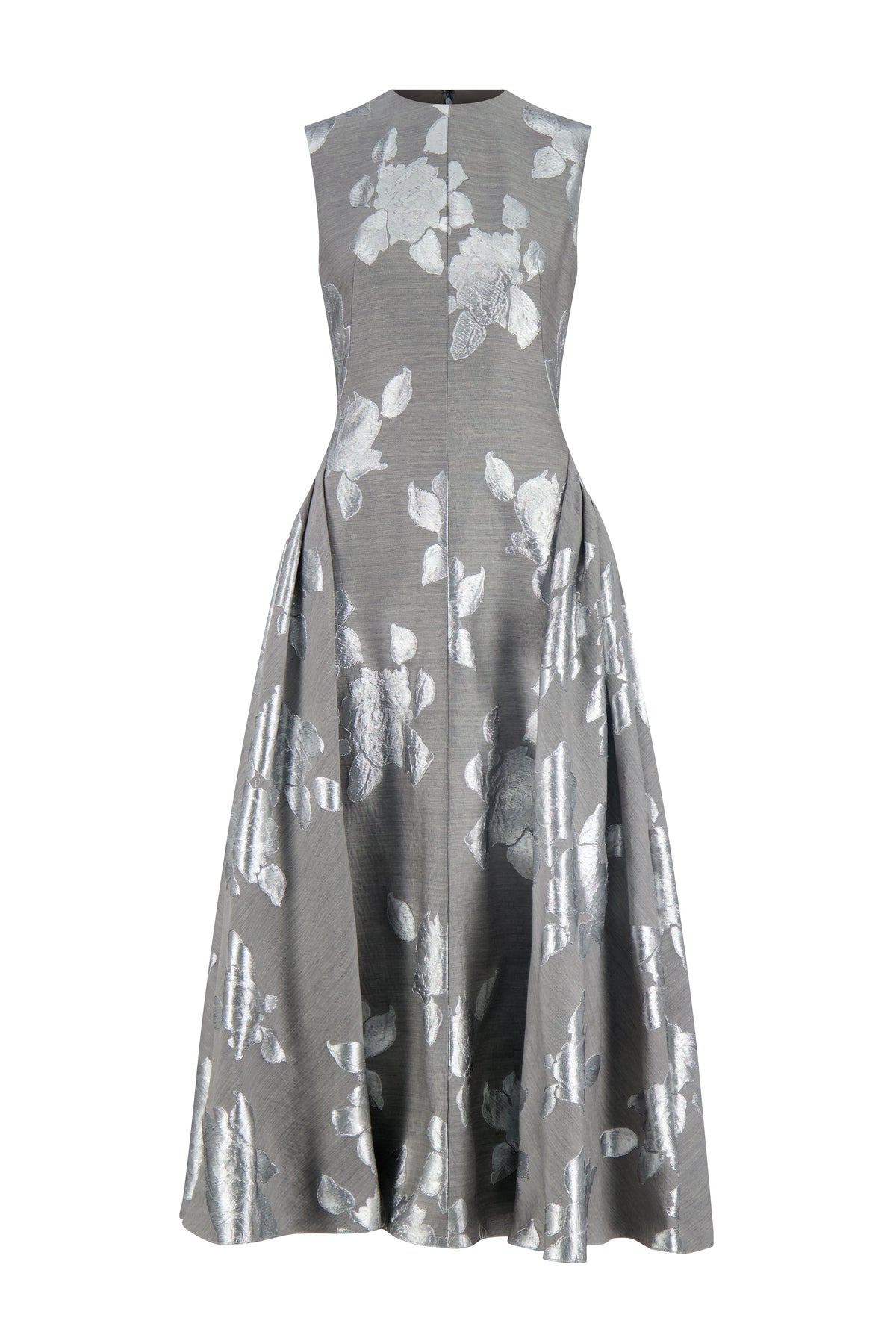 Floral Fil Coupe Sleeveless A-Line Dress in Silver & Grey