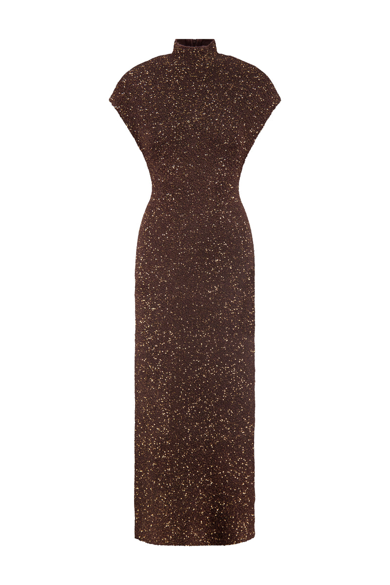 Sequin Knit Mock Neck Dress in Chocolate